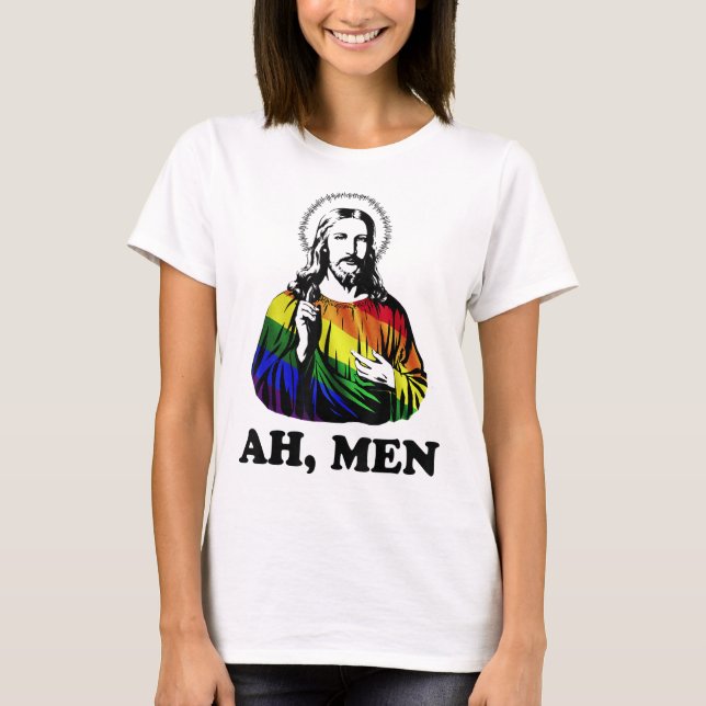 Ah Men Funny Jesus Christian Rainbow LGBT, Pride M T-Shirt (Front)