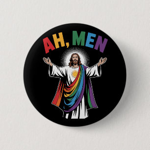 Ah Men Funny Jesus LGBTQ Gay Pride Rainbow 6 Cm Round Badge