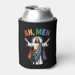 Ah Men Funny Jesus LGBTQ Gay Pride Rainbow Can Cooler
