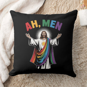 Ah Men Funny Jesus LGBTQ Gay Pride Rainbow Cushion