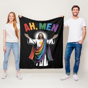 Ah Men Funny Jesus LGBTQ Gay Pride Rainbow Fleece Blanket