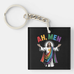 Ah Men Funny Jesus LGBTQ Gay Pride Rainbow Key Ring