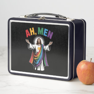 Ah Men Funny Jesus LGBTQ Gay Pride Rainbow Metal Lunch Box
