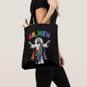 Ah Men Funny Jesus LGBTQ Gay Pride Rainbow Tote Bag