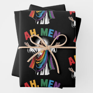 Ah Men Funny Jesus LGBTQ Gay Pride Rainbow Wrapping Paper Sheet