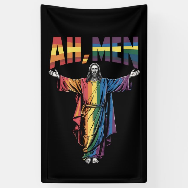 Ah Men Funny LGBT Gay Pride Jesus Christian Banner (Vertical)