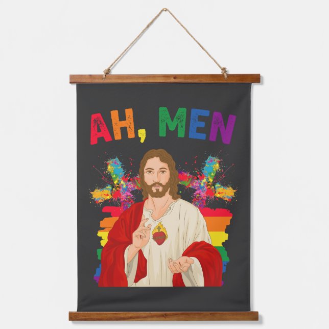 Ah Men Funny LGBT Gay Pride Jesus Christian Hanging Tapestry (Front)