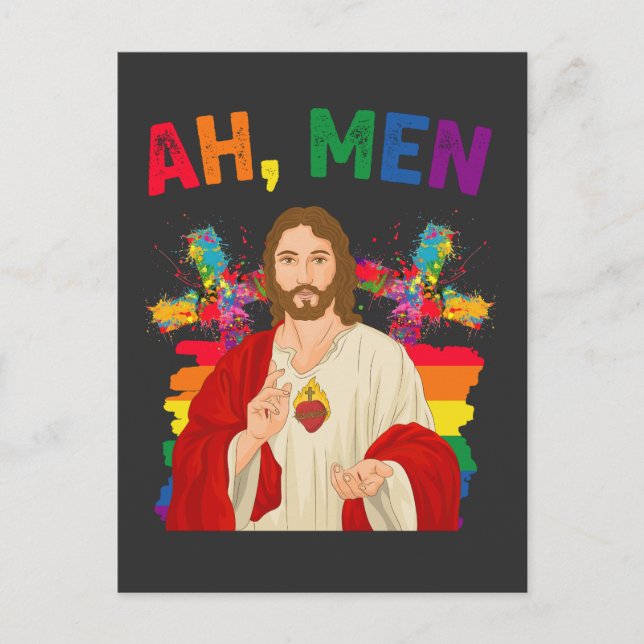 Ah Men Funny LGBT Gay Pride Jesus Christian Invitation Postcard (Front)