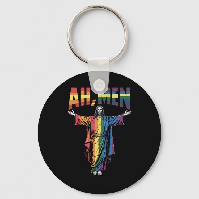 Ah Men Funny LGBT Gay Pride Jesus Christian Key Ring (Front)