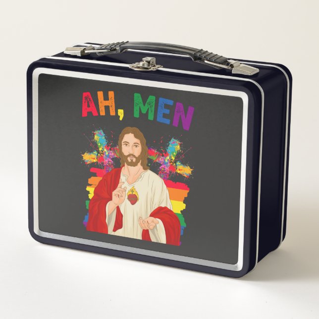 Ah Men Funny LGBT Gay Pride Jesus Christian Metal Lunch Box (Front)