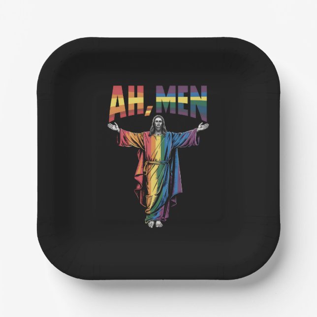 Ah Men Funny LGBT Gay Pride Jesus Christian Paper Plate (Front)