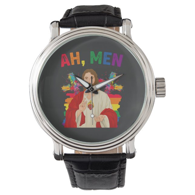 Ah Men Funny LGBT Gay Pride Jesus Christian Watch (Front)