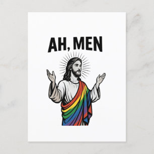 Ah Men Funny LGBT Gay Pride Jesus Rainbow Announcement Postcard