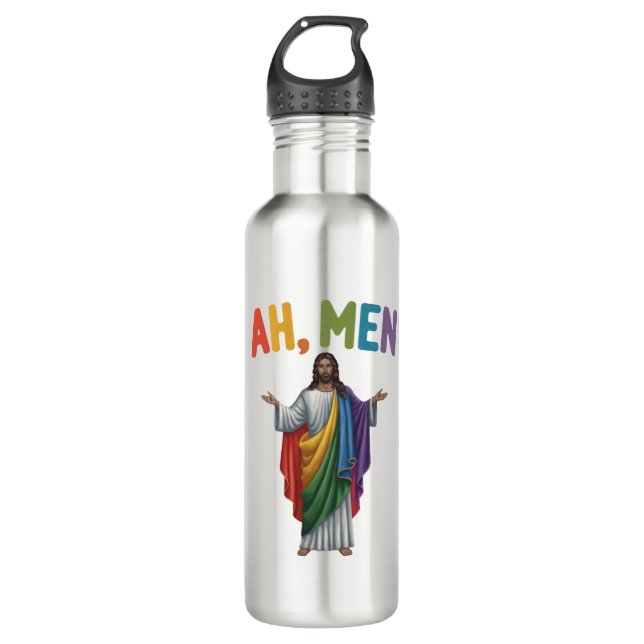 Ah Men Funny LGBT Gay Pride Jesus Rainbow Flag 710 Ml Water Bottle (Front)