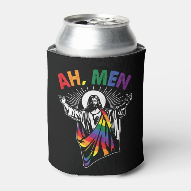 Ah Men Funny LGBT Gay Pride Jesus Rainbow Flag Chr Can Cooler (Can Front)