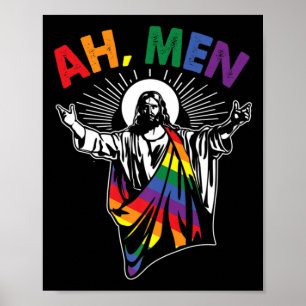Ah Men Funny LGBT Gay Pride Jesus Rainbow Flag Chr Poster