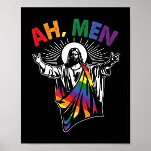 Ah Men Funny LGBT Gay Pride Jesus Rainbow Flag Chr Poster