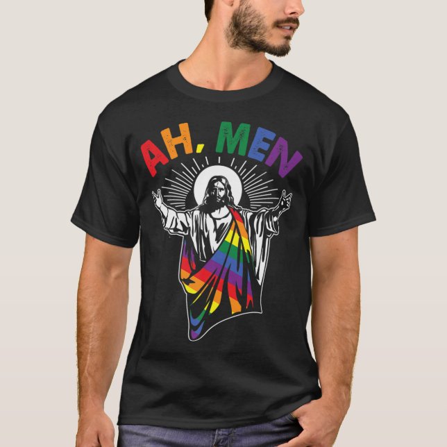 Ah Men Funny LGBT Gay Pride Jesus Rainbow Flag Chr T-Shirt (Front)
