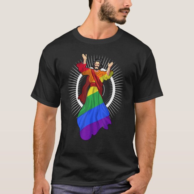 Ah Men Funny Lgbt Gay Pride Jesus Rainbow Flag Chr T-Shirt (Front)