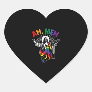 Ah Men Funny LGBT Gay Pride Jesus Rainbow Flag Heart Sticker