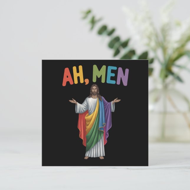 Ah Men Funny LGBT Gay Pride Jesus Rainbow Flag Invitation (Standing Front)