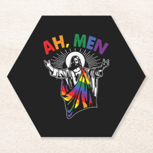 Ah Men Funny LGBT Gay Pride Jesus Rainbow Flag Paper Coaster