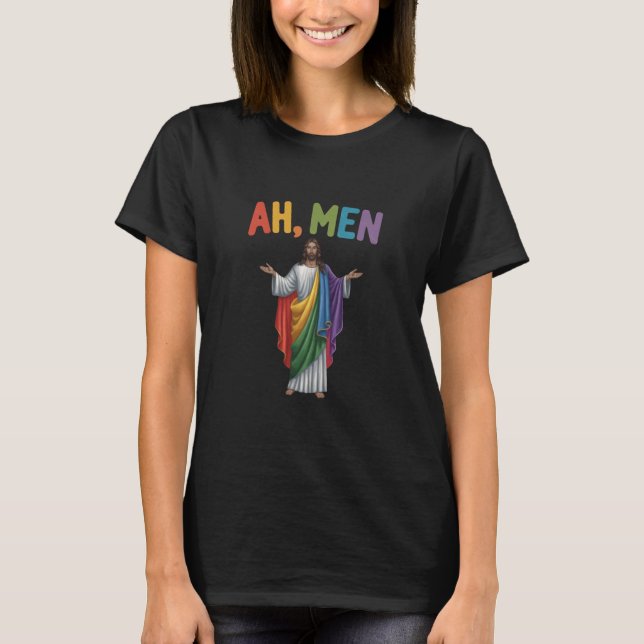 Ah Men Funny LGBT Gay Pride Jesus Rainbow Flag T-Shirt (Front)