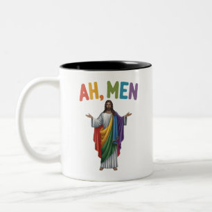 Ah Men Funny LGBT Gay Pride Jesus Rainbow Flag Two-Tone Coffee Mug