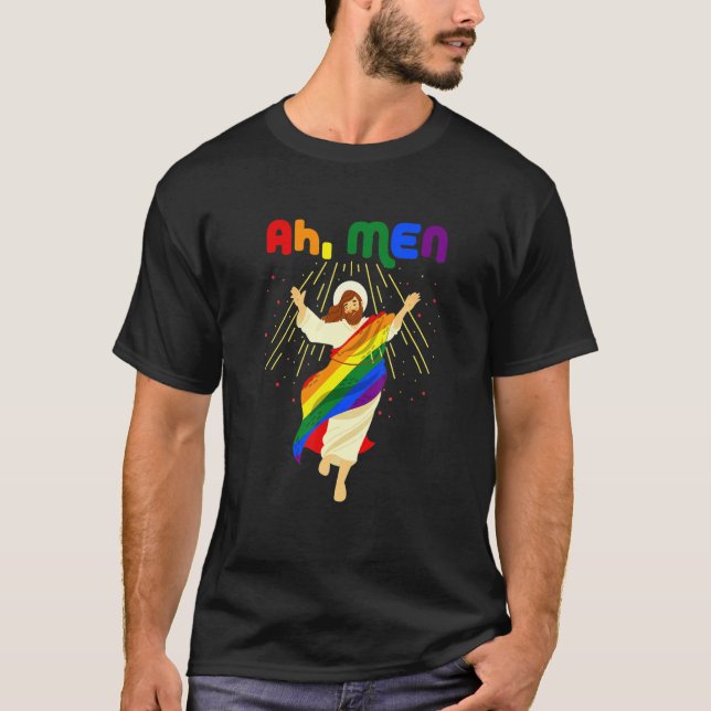 Ah Men Funny Lgbtq Gay Pride Rainbow Flag Jesus Ch T-Shirt (Front)