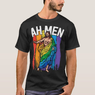 Ah Men Gay Jesus Funny LGBTQ Gifts Rainbow T-Shirt