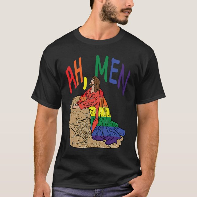 Ah Men  LGBT Gay Pride Jesus Prayer Rainbow Flag T-Shirt (Front)