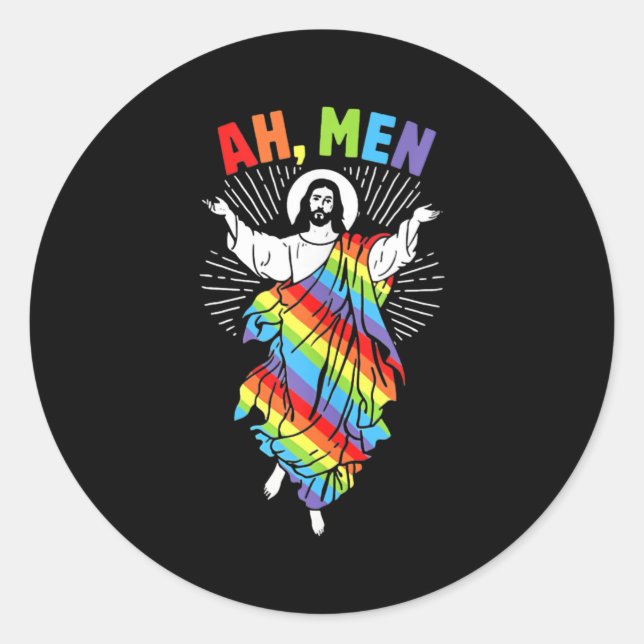 Ah Men LGBT Gay Pride Jesus Rainbow Peace Classic Round Sticker (Front)