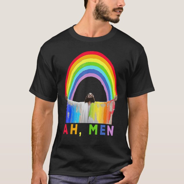 Ah Men Rainbow Gay Jesus Christian Gay Rights Gay  T-Shirt (Front)