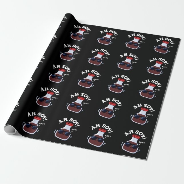 Ah Soy Funny Soy Sauce Pun Dark BG Wrapping Paper (Unrolled)
