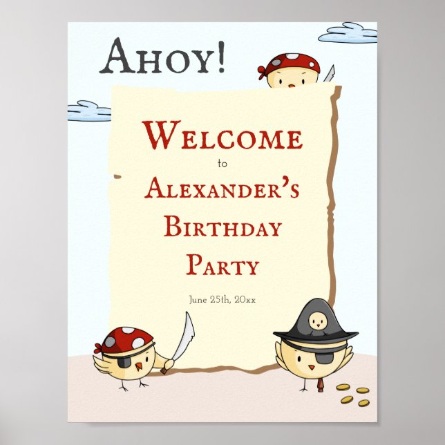 Ahoy Bird Pirate Theme Birthday Welcome Poster (Front)