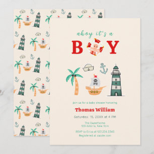 Ahoy Boy Nautical Lighthouse Sailboat Baby Shower Invitation