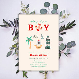 Ahoy Boy Nautical Lighthouse Sailboat Baby Shower Invitation