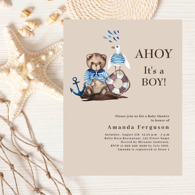 Ahoy boy teddy sailor beige Baby Shower invitation (Creator Uploaded)