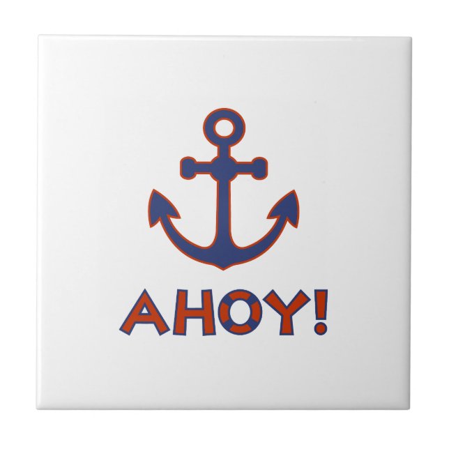 AHOY! Buoy + Anchor Design Red+Blue Ceramic Tile (Front)