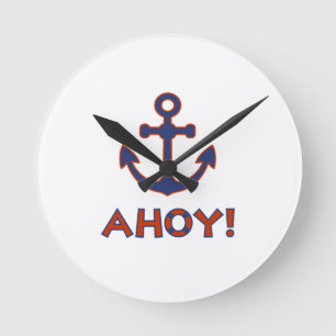 AHOY! Buoy + Anchor Design Red+Blue Round Clock