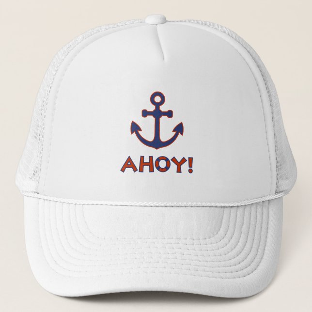 AHOY! Buoy + Anchor Design Red+Blue Trucker Hat (Front)