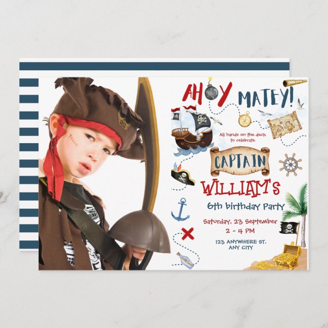 Ahoy Captain Photo Pirate kids Birthday Party Invitation (Front/Back)