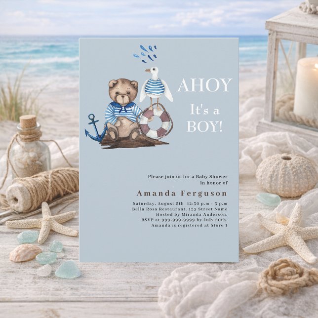Ahoy it is a boy teddy bear sailor Baby Shower Invitation (Creator Uploaded)