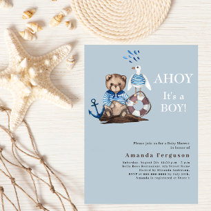 Ahoy it is a boy teddy bear sailor Baby Shower Invitation