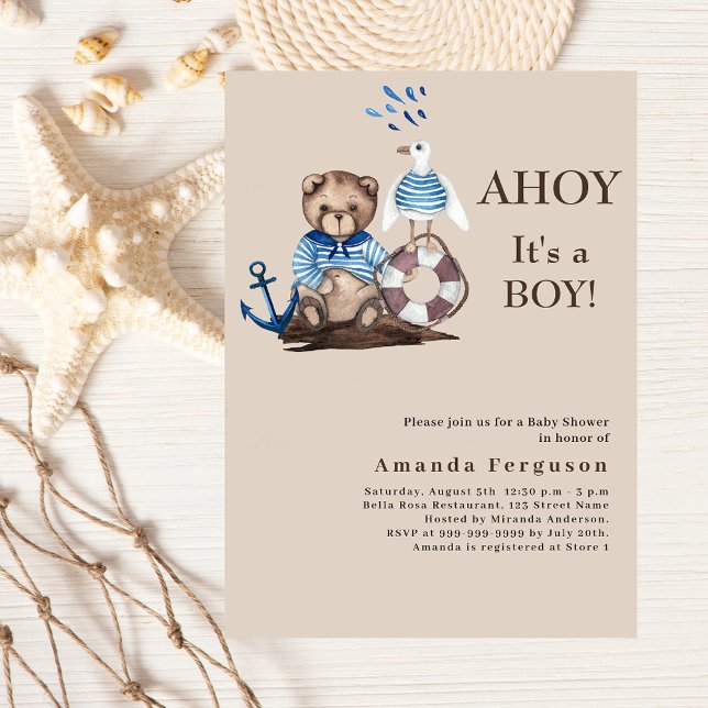 Ahoy it is a boy teddy sailor beige Baby Shower Invitation (Creator Uploaded)