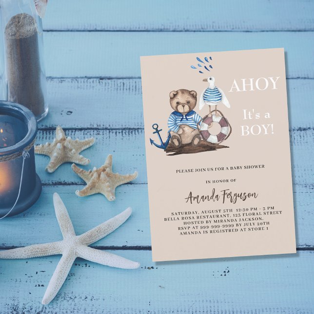 Ahoy it is a boy teddy sailor luxury Baby Shower Invitation (Creator Uploaded)