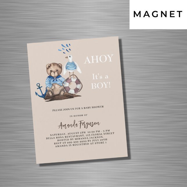 Ahoy it is a boy teddy sailor luxury Baby Shower Magnetic Invitation (Creator Uploaded)