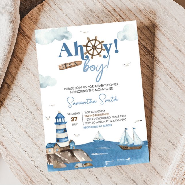 Ahoy It’s A Boy Nautical Baby Shower Invitation (Blue Boy Baby Shower Invitation)