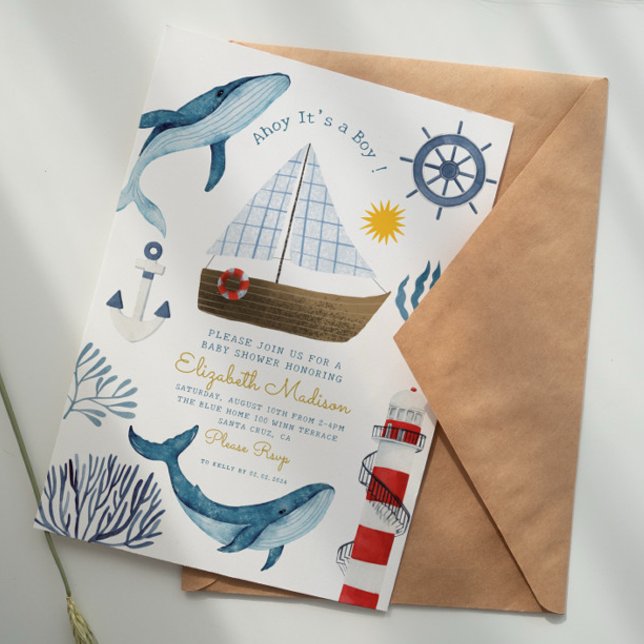 Ahoy It’s a boy Sail Whale Lighthouse Baby Shower Invitation (Creator Uploaded)