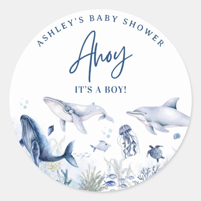 Ahoy! It’s a Boy, Under the Sea Boy Baby Shower Classic Round Sticker (Front)